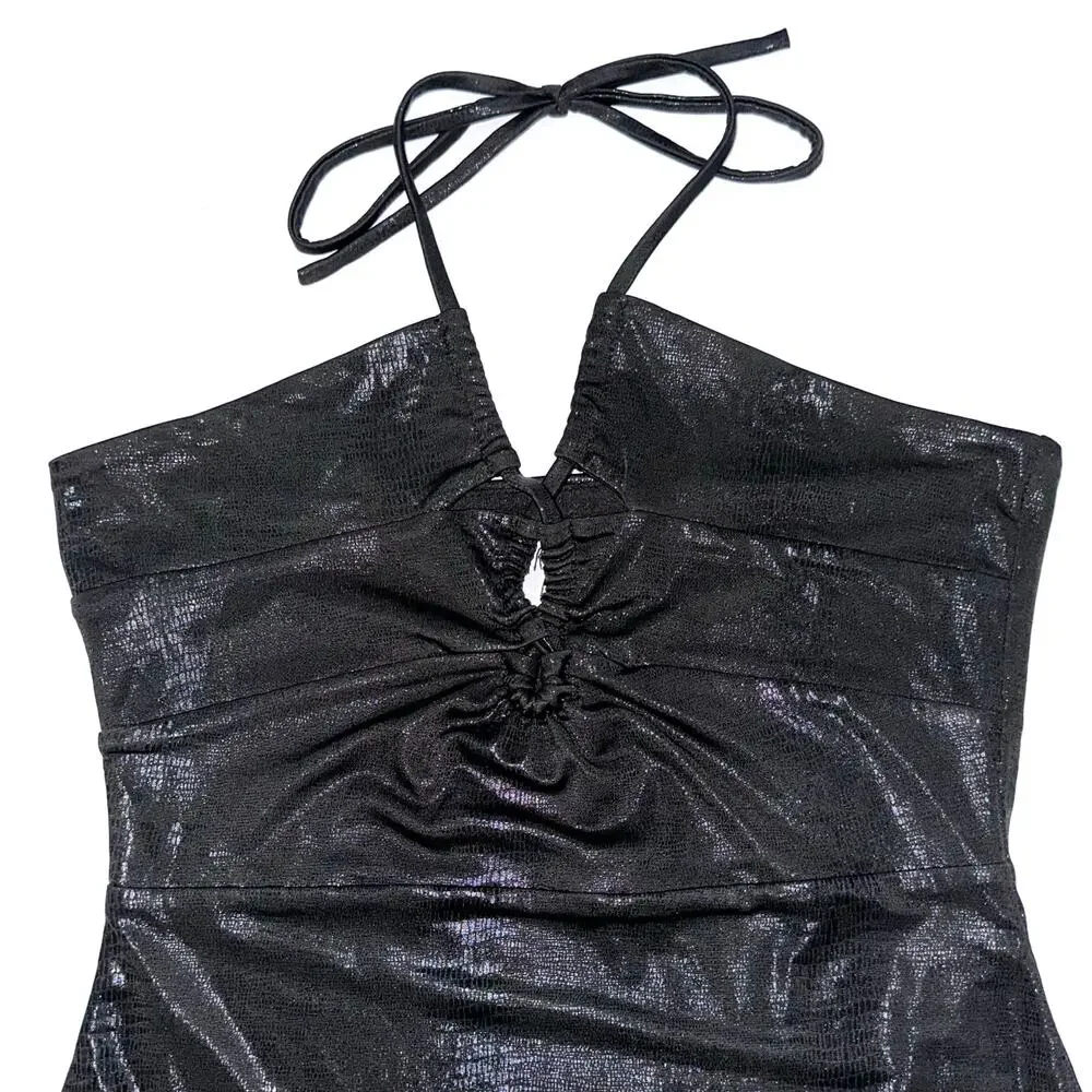 Princess Polly Black Shine Snake Texture Halter Bodycon Mini Dress Size 4
